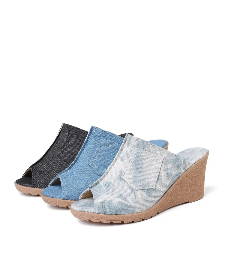 

Shoes Woman's Slippers Big Size Slides Low On A Wedge 2024 Denim Rome Scandals Fabric Hoof Heels PU Rubber Denim Women's Shoes B