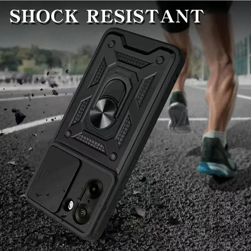 Slide Lens Cover with Magnetic Ring Stand Holder - Shockproof Armor Protection Phone Case