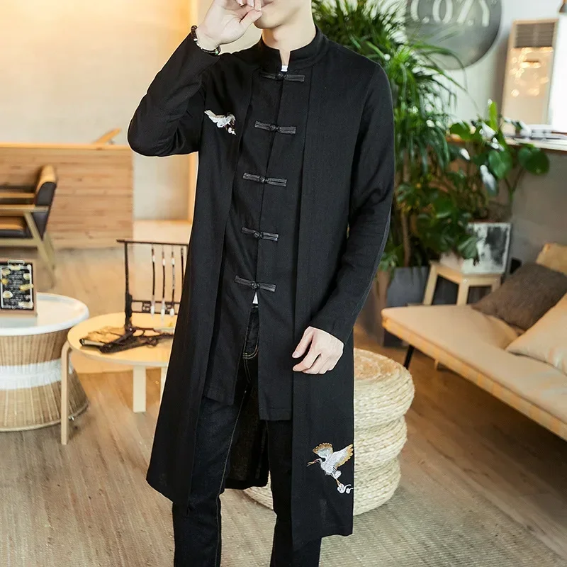 New Men's Linen Embroidery Crane Coat Kimono Vintage Long Gown Jacket Chinese Style Loose Male National Streetwear