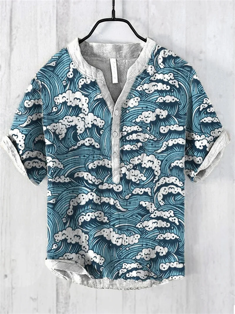 Brave men's casual shirt loose linen blend short sleeved V-neck top, summer new handsome shirt 6