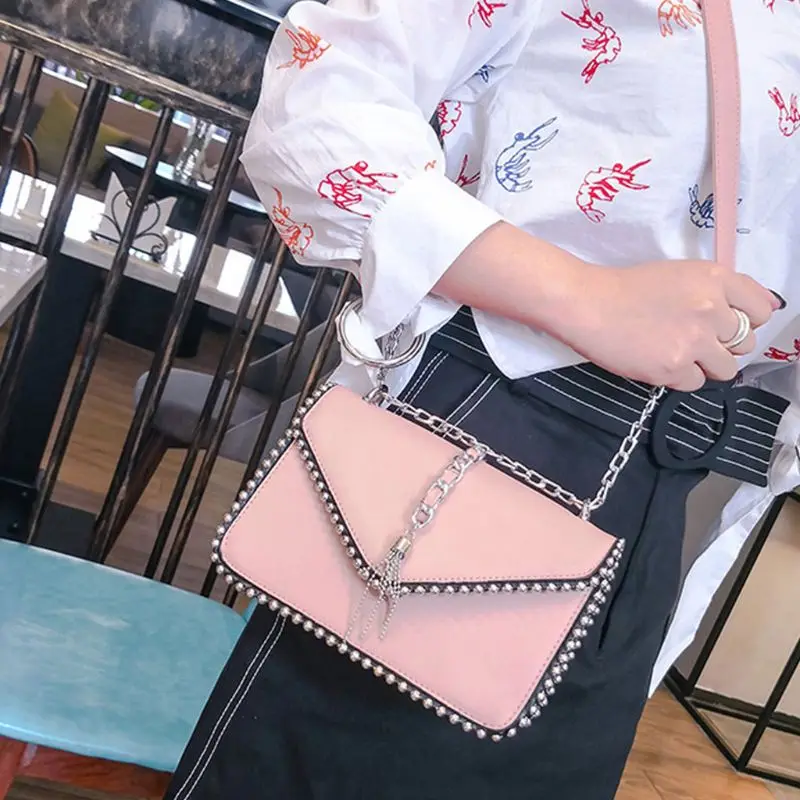 Women Ladies Tassel Rivet Mini Chain Crossbody Shoulder Bag Tote Purse Handbag E74B