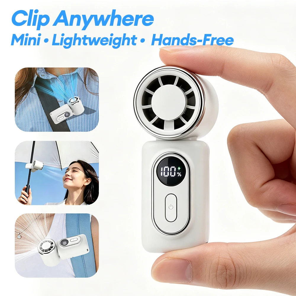 Draagbare mini-handventilator met 5 instelbare snelheden en clipbevestiging, ideaal voor buitenactiviteiten, reizen, kamperen en woon-werkverkeer._voghion.com