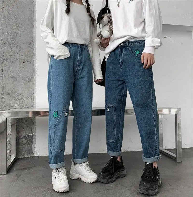 

Men Jeans Cartoon Elements Embroidery Denim Trousers Spring Summer Korean Fashion Couple Baggy Straight Wide Pants Male Bottoms