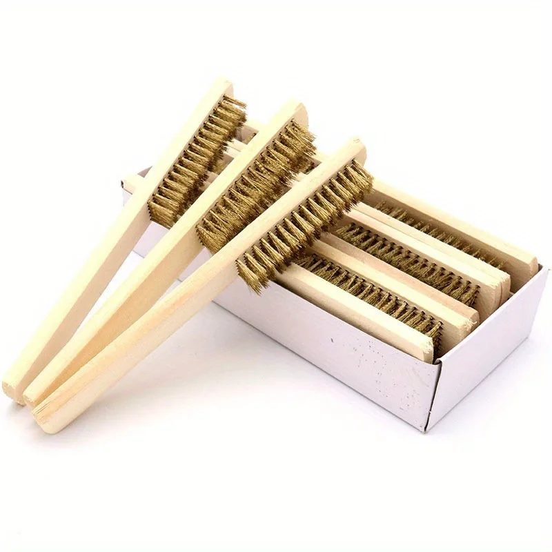12pcs Wooden Handle Brass Wire Brush Industrial Surface Inner Polishing Grinding Cleaning 6x16 Row Brushes Car Care Tools polishing cleaning tools