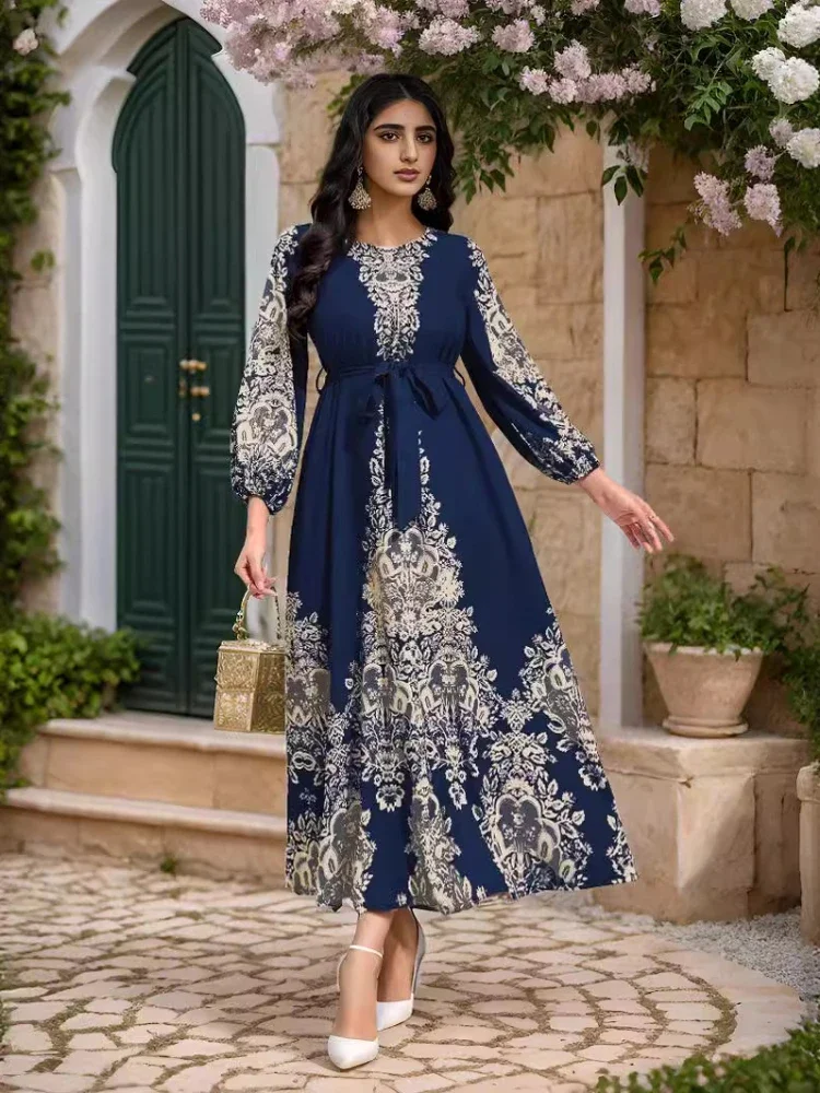 

Eid Muslim Party Dress for Women Print Ramadan Abaya Long Dress Belt Morocco Kaftan Vestidos Largos Dubai Turkey Robe Jalabiya