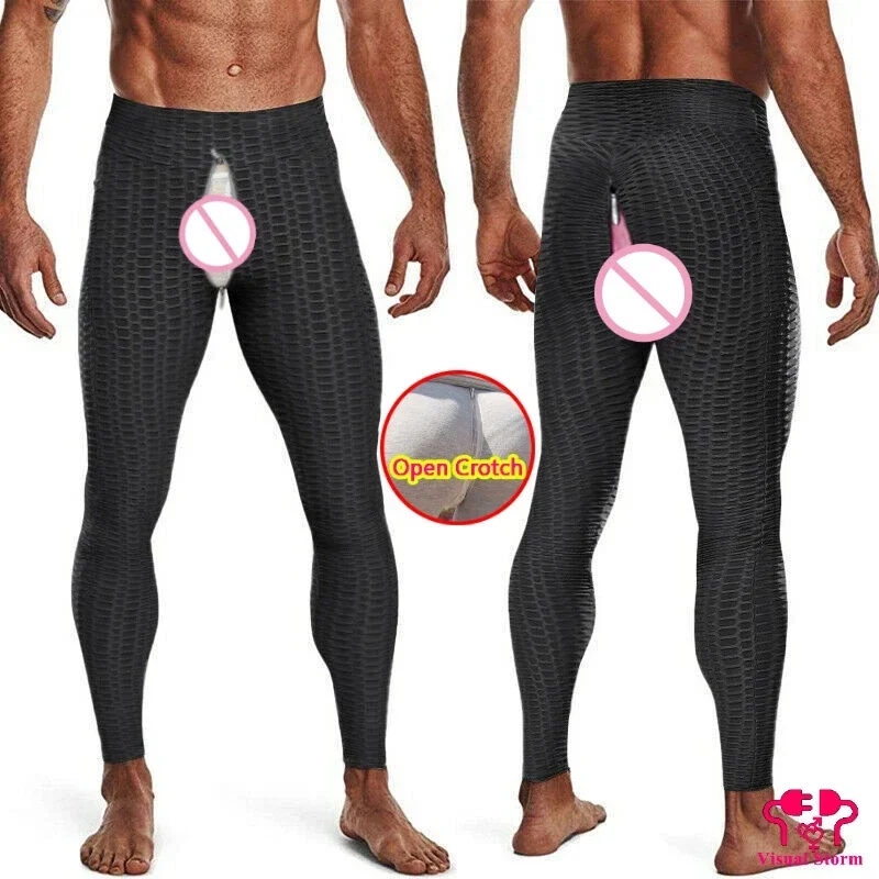 Men Sexy Crotchless Leggings Couple High Waist Gay Push Up Panties Open Crotch Pants Double Hidden Zippers Skinny Tight Fashion
