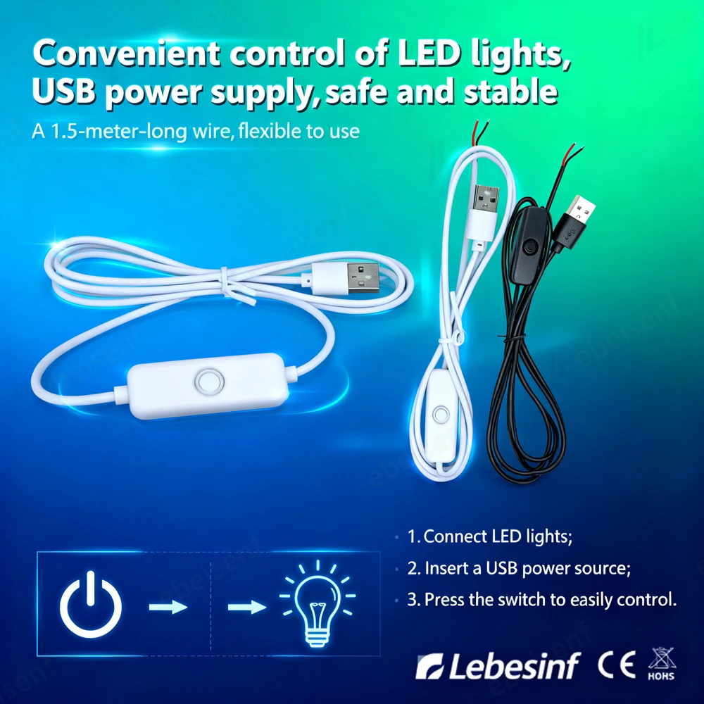 1.5M 5V 2A USB to 2-코어 LED 케이블 - DIY 선반 디스플레이 조명 책장 악센트 조명 공예 프로젝트 조명용 501 ON/OFF