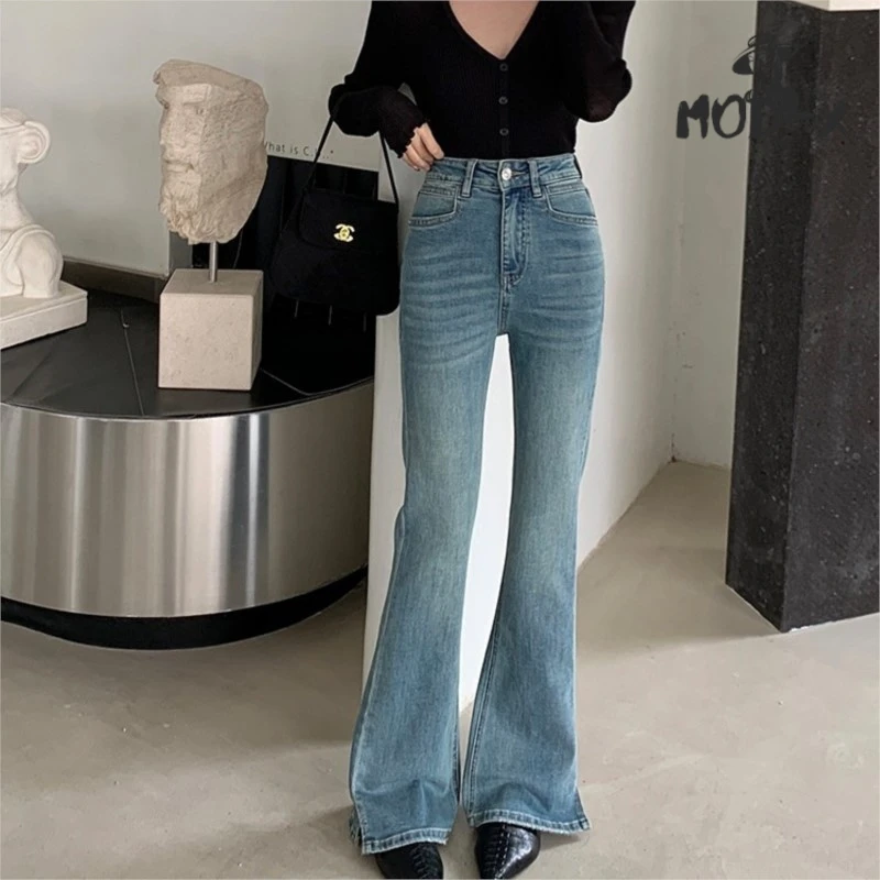 

Version Of Good Denim Bell-bottom Pants Women's Spice Girls High Waisted Slimming Slit Lengthened Micro-cropped Denim Pants