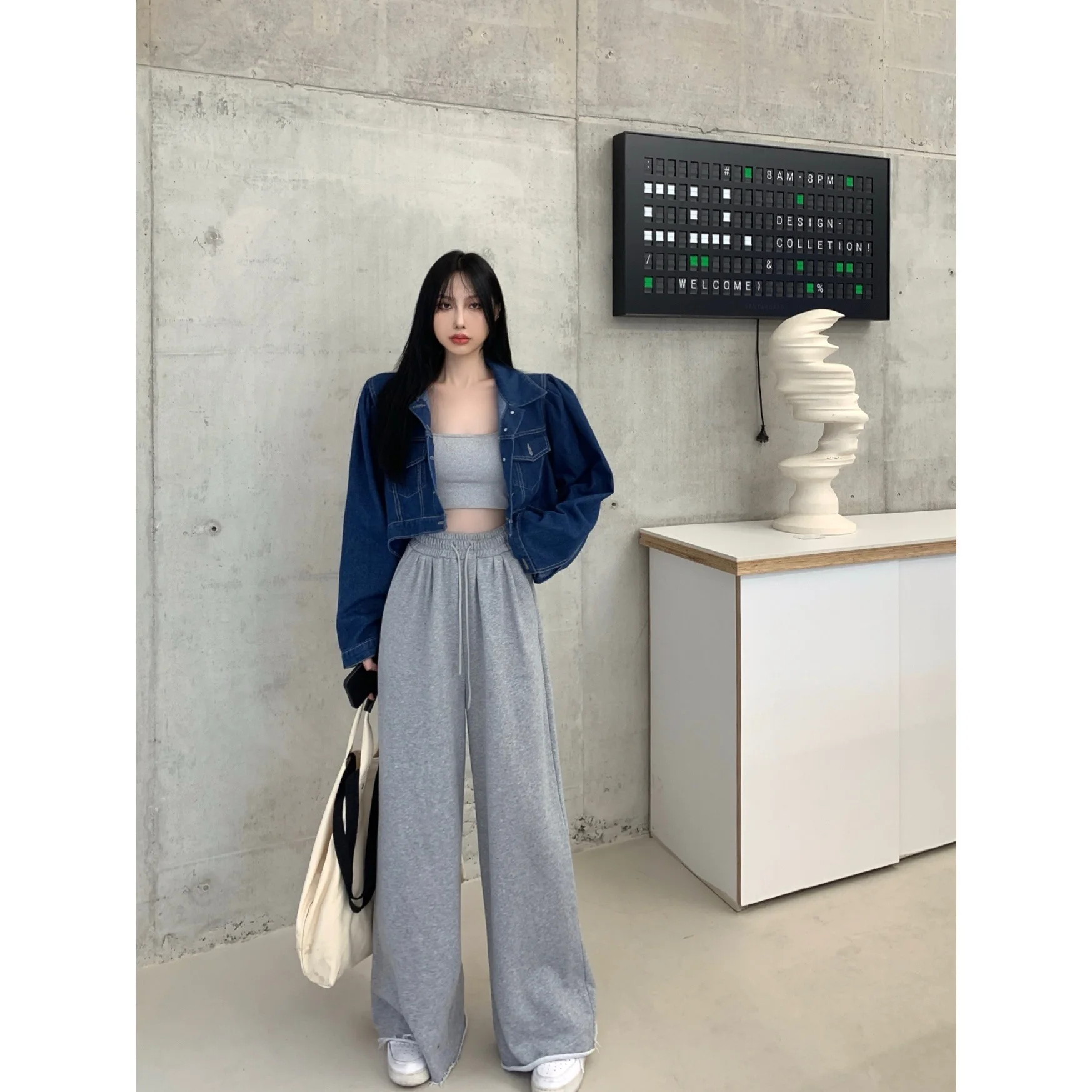 Grey Elastic Waist Wide Leg Pants Casual Women's Autumn Casual Trousers Loose Straight Suite Pants Floor Length Trousers