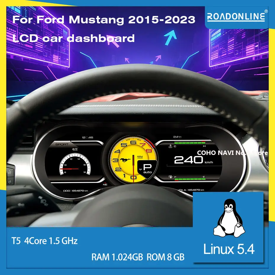 COHO Para Ford Mustang 2015-2023 Panel de instrumentos LCD con pantalla de alta definición de 15.6 pulgadas. 1