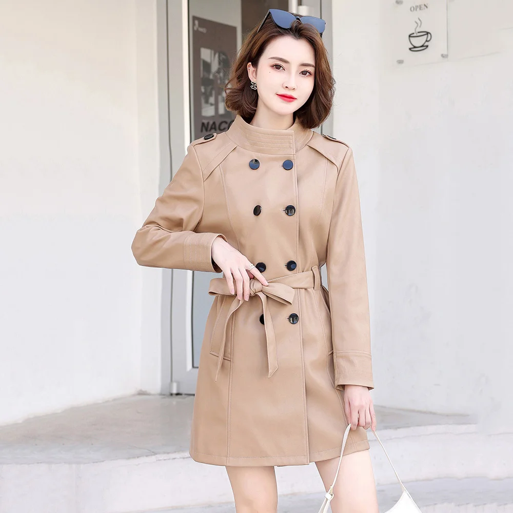 

Women New Sheepskin Trench Spring Autumn Fashion Stand Collar Slim Long Split Tops Coat Casual Leather Outerwear