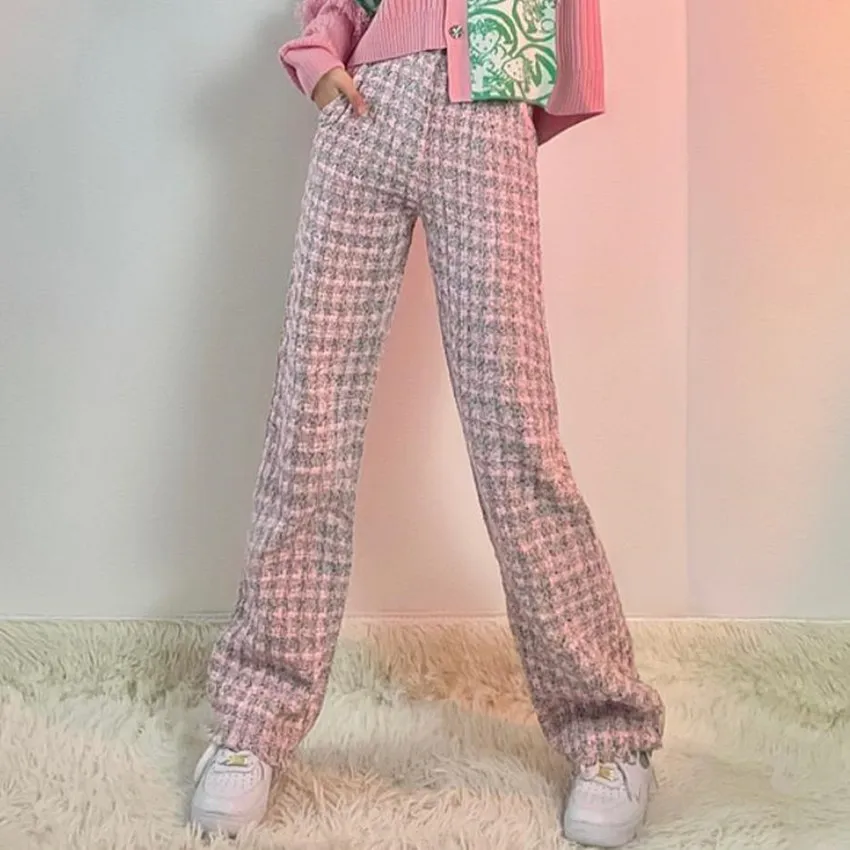 

Retro Small Fragrance Tweed Woven Plaid Long Trousers Women Spring Autumn Wide Leg Pants