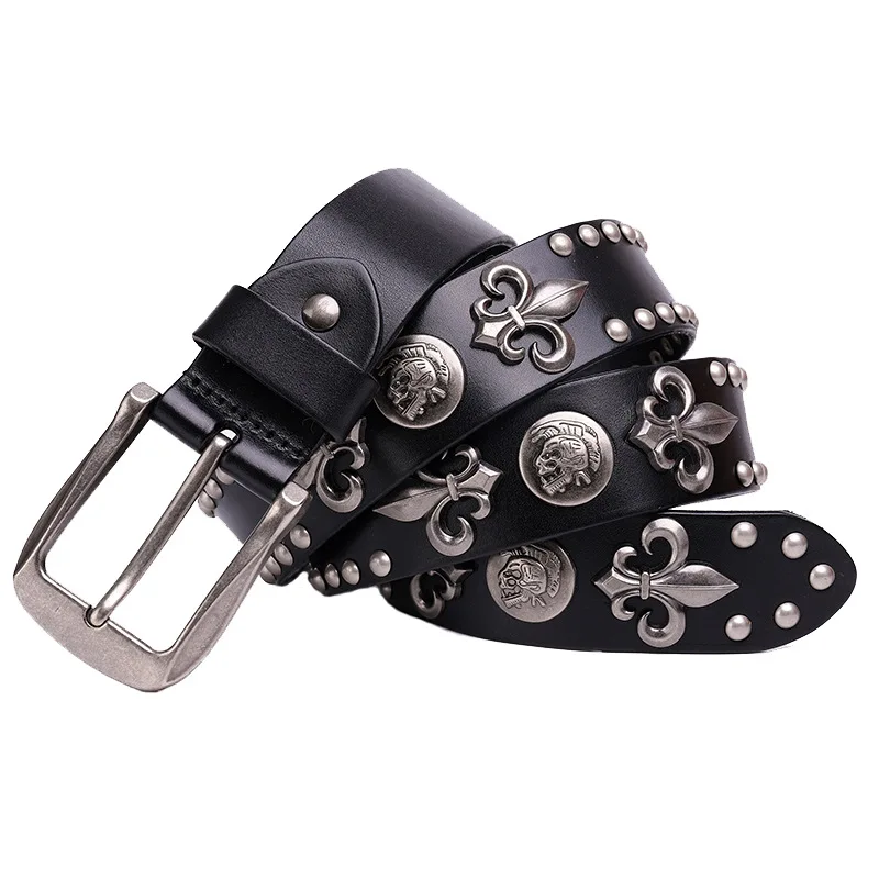 Metal Rivet Cowboy Belt Genuine Leather Cowskin Men Belt Punk Rivet ...