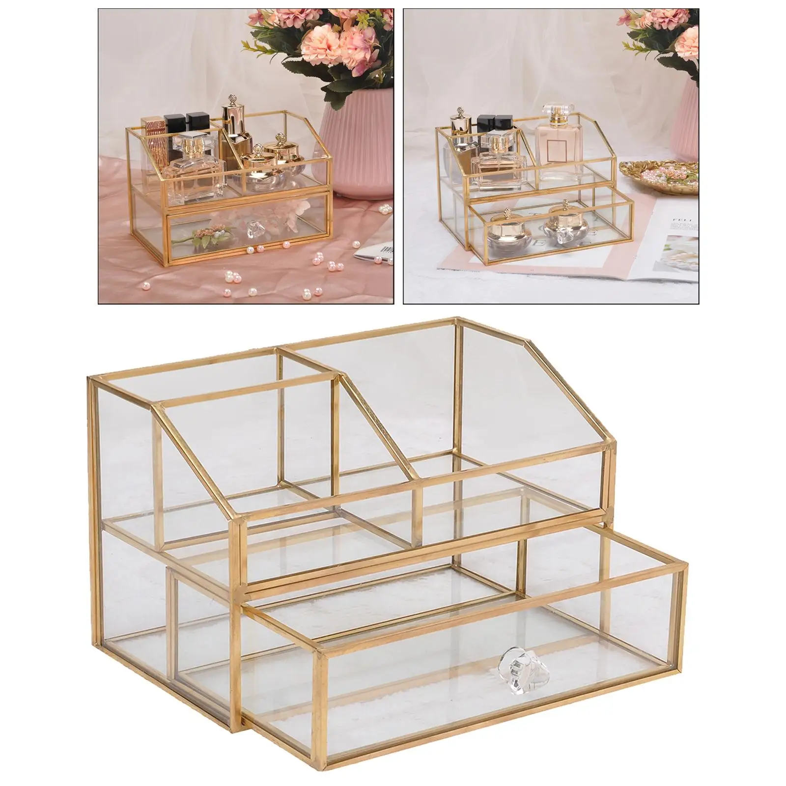 Luxury Glass Box Clear Glass Gold Tone Metal Jewelry Storage Case Cosmetic Makeup Lipstick Holder Organizer with Drawer