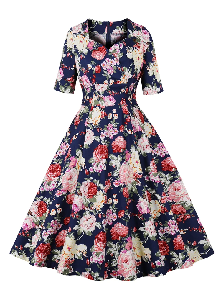 

Multicolor Floral Print Vintage Dress Women Half Sleeve 50s 60s Robe High Waist Cotton Elegant Runway Pinup Retro Party Dresses