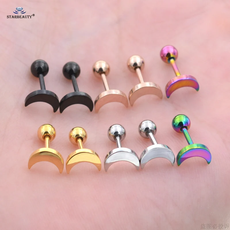 1 Paio 1.0X6Mm Cute Moon Pierc Ear Jewelry Ball Stud Orecchini Acciaio Chirurgico Tragus Piercing Helix Piercing Cartilagine Orecchini