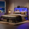 Bestier Queen Size Bed Frame with 49.2" High LED Storage Headboard Shelf, Metal Platform Bed, Black 1