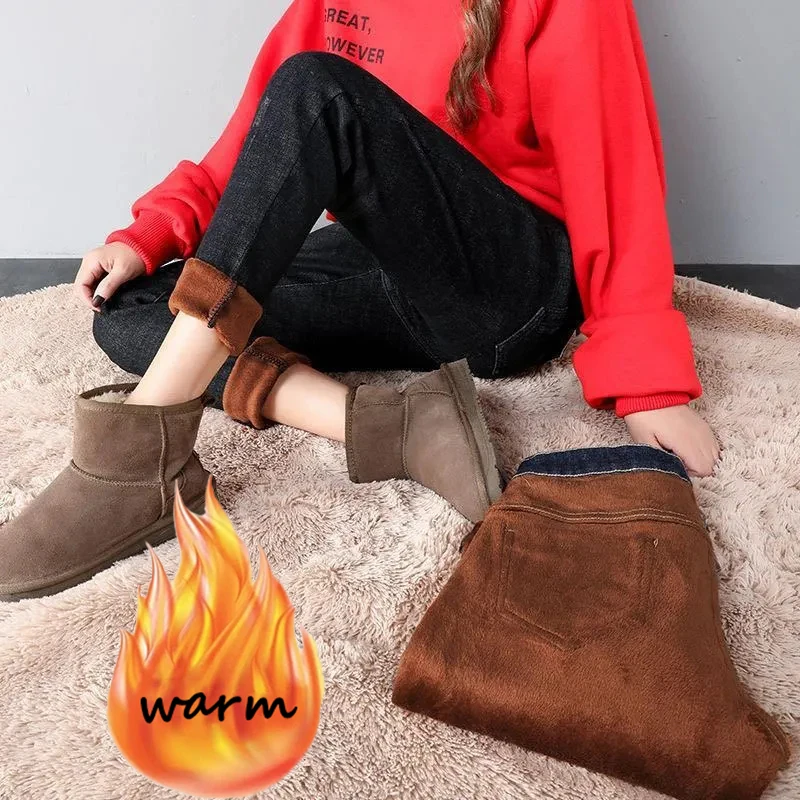 

Oversized 34 Thicken Warm Elastic Waist Winter Straight Jeans Women New Streetwear Vaqueros Baggy Jeans Plus Velvet Women Pants