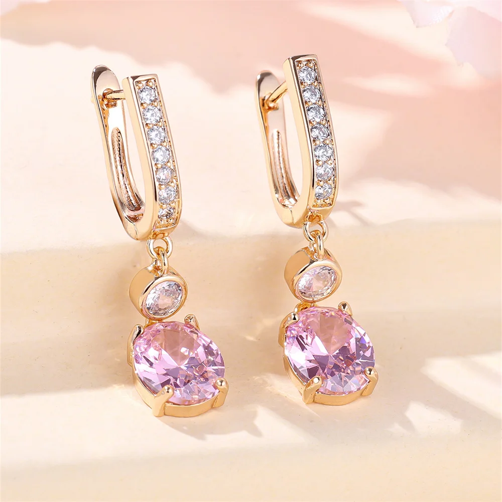 Pink Crystal Oval Stone Pendant White Zircon Hoop Earrings For Women Gold Color Ear Buckle Wedding Jewelry Engagement Party Gift
