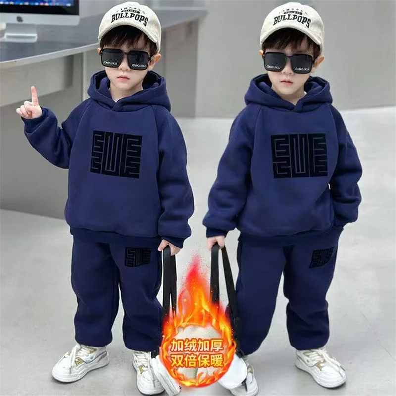 Children's Thicken Suit Winter Boys Padded Sets Autumn Fleece Hooded Sweatshirt Sweatpants 2 Pieces Kids New Warm Outfit