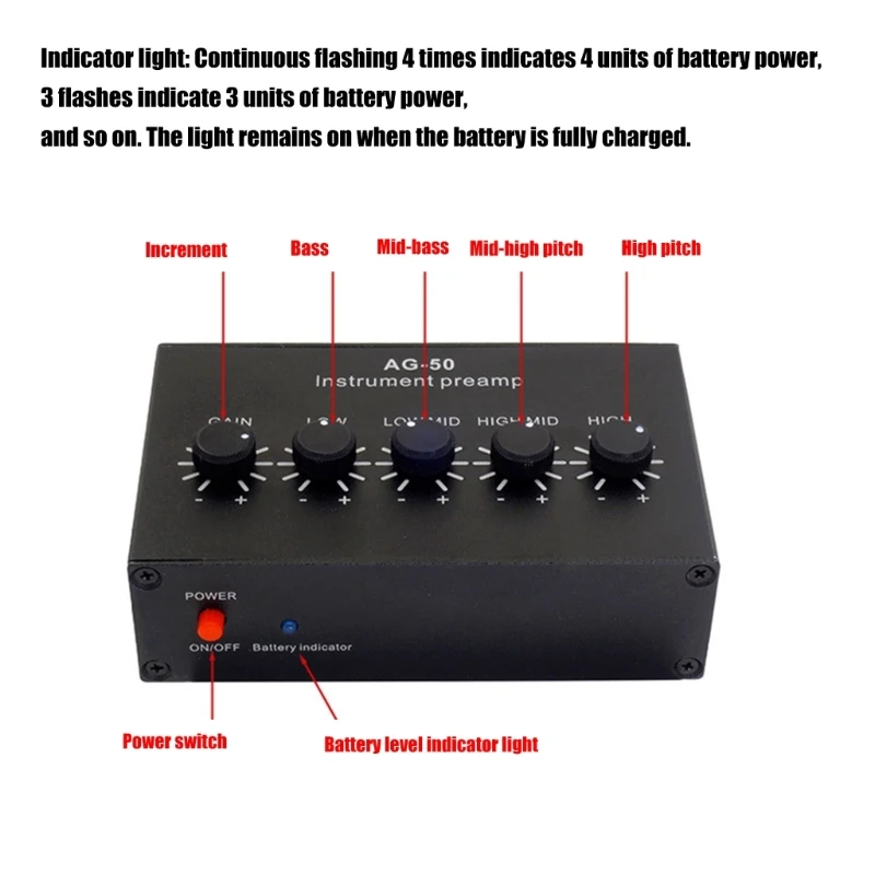 22dB 부스트 기능을 갖춘 컴팩트 휴대용 악기 프리앰프, 500mAh 배터리, 스튜디오 라이브 공연용 사운드 앰프