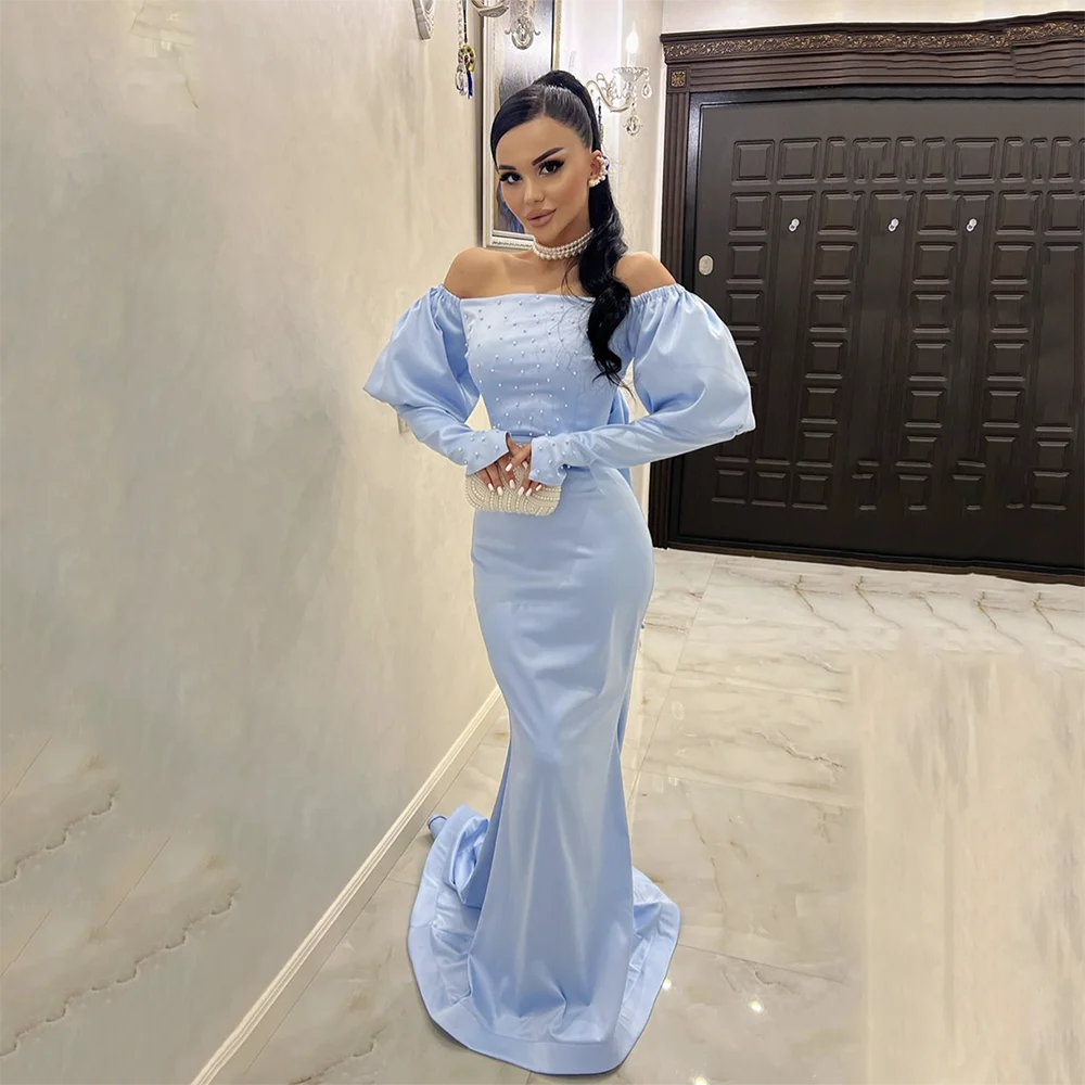 

Msikoods Sky Blue Satin Mermaid Evening Gown Saudi Arabia Puffy Sleves Prom Dress With Beads Vestido De Festa Wedding Party Gown