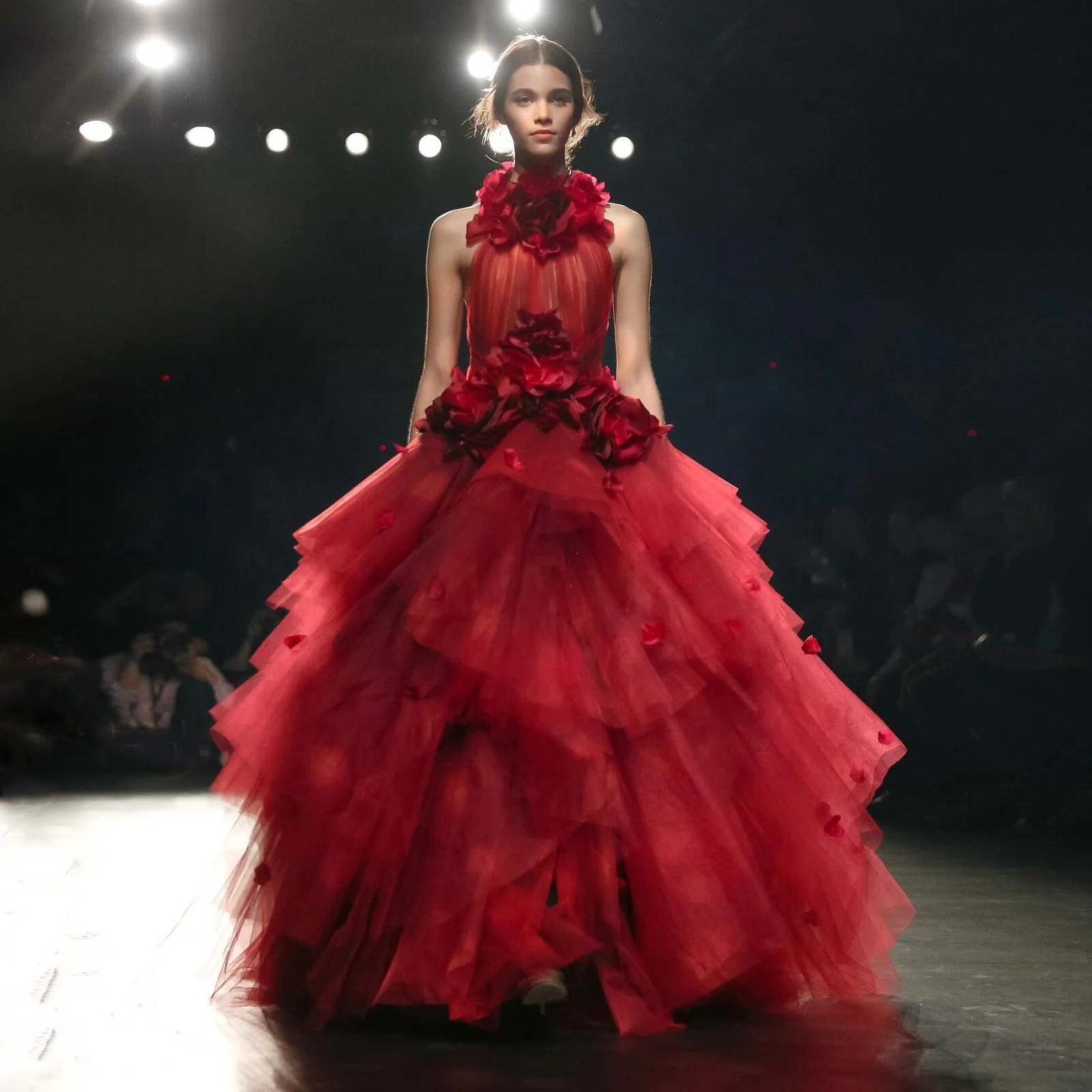 

Gorgeous Dark Red Halter Prom Party Dresses 2024 Long Ball Gown 3D Flowers Formal Dress Puffy Tiered Tulle Wedding Party Gowns