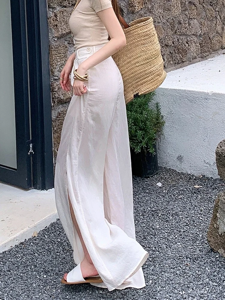 ADAgirl Elegant Wide Leg Pants Women High Waisted Side Split Floor Length Trousers Vintage Summer Casual Fashion Baggy Pants New