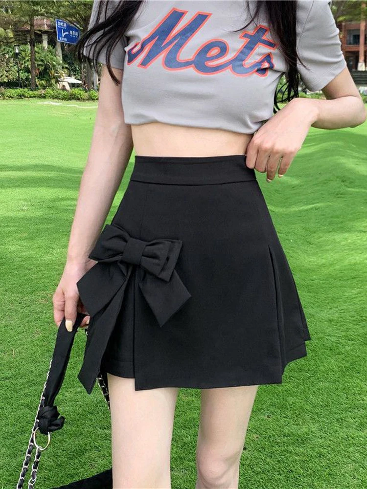 Zoki Cute Bow Women Sexy Pleated Skirt Janpan Sweet High Waist Student A Line Mini Skirt Summer Zipper Female Solid Color Skirt 5