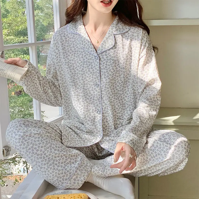 Women's Pajamas Long-Sleeved Trousers Thin Sweet Spring Autumn New Sleepwear Set Female Cardigan Large Size Homewear Suit 2024