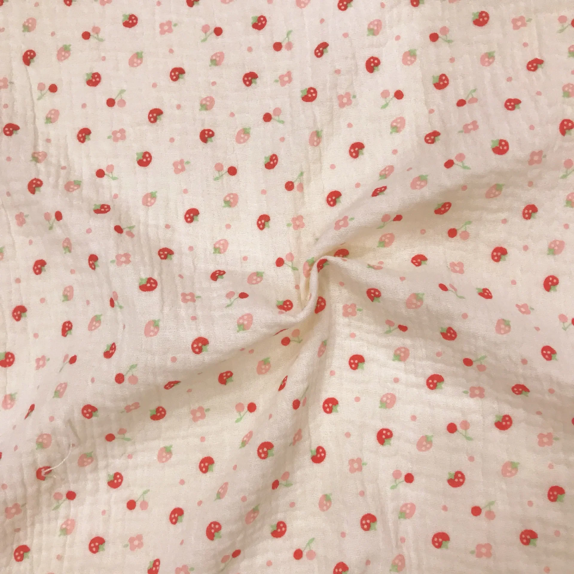 New Cartoon Fruit Cherry Pink Print Double Layer Pure Cotton Comfortable Cute Fabric for Women Children's Clothing