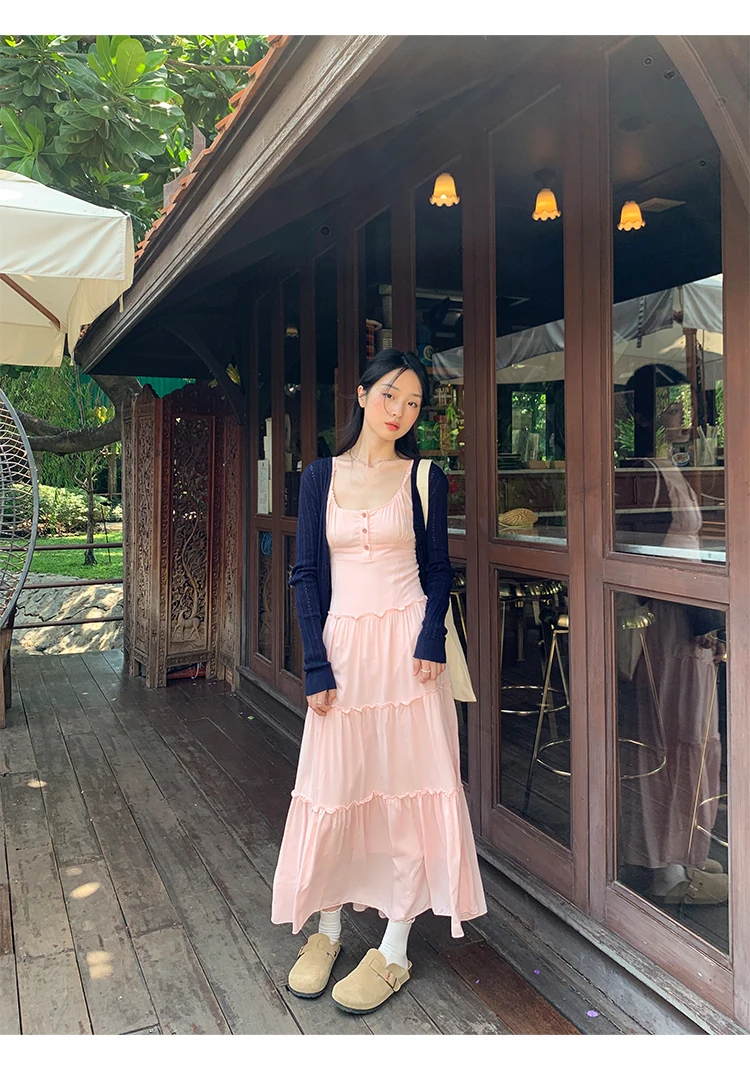 French Elegant Dresses for Women Solid Spaghetti Strap Summer New Ruffles A-line Casual Korean Chic Midi Vestidos Mujer