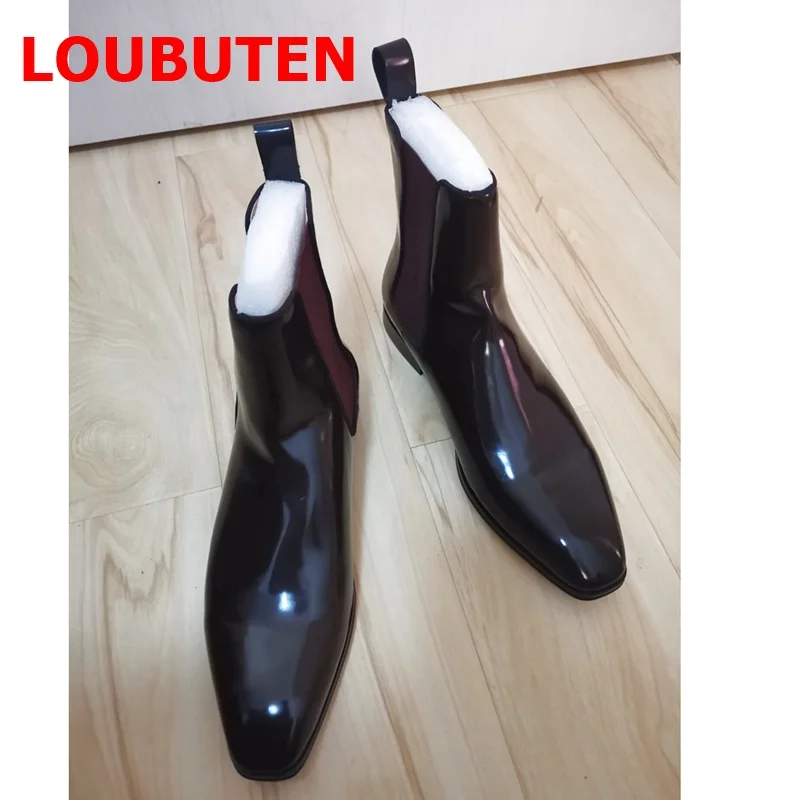 Stivaletti Chelsea Loubuten In Vernice Marrone Stivaletti In Vera Pelle Lucida Stivali Da Moto Primavera Autunno Per Uomo