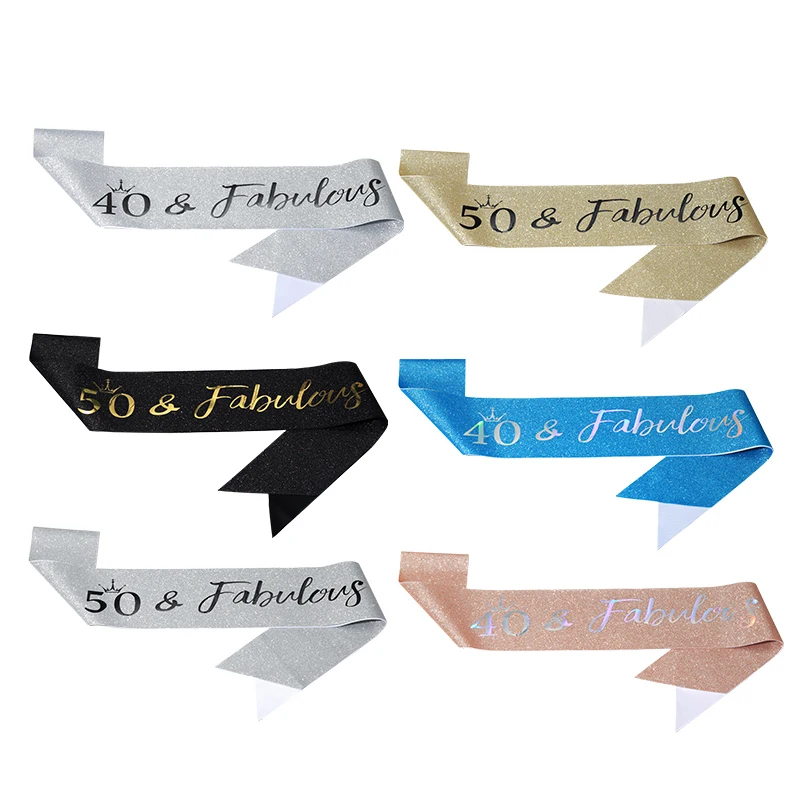 

40th 50th birthday ribbon fashion glitter cloth engraved with fabulous birthday wishes middle-aged party belt