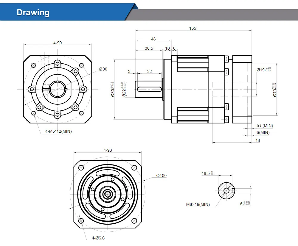 Description Picture 5 of itemSTEPPERONLINE Motor Gearbox Helical Planetary Reducer 90mm Backlash 5arcmin Gear Ratio 5:1/10:1 19mm Input for 80mm Servo Motor