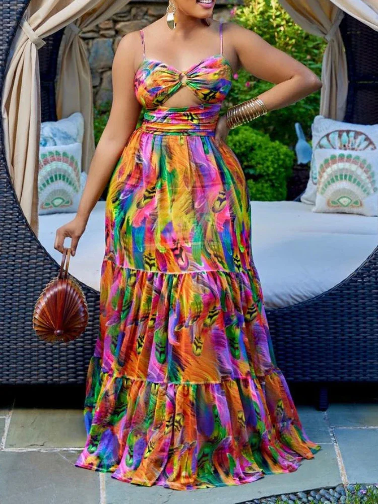

Women's 2023 Fashion Printed Strap Long Dress Sexy Open Back Hollow Out Holiday Style Big Swing Dress Vintage Beach Dress