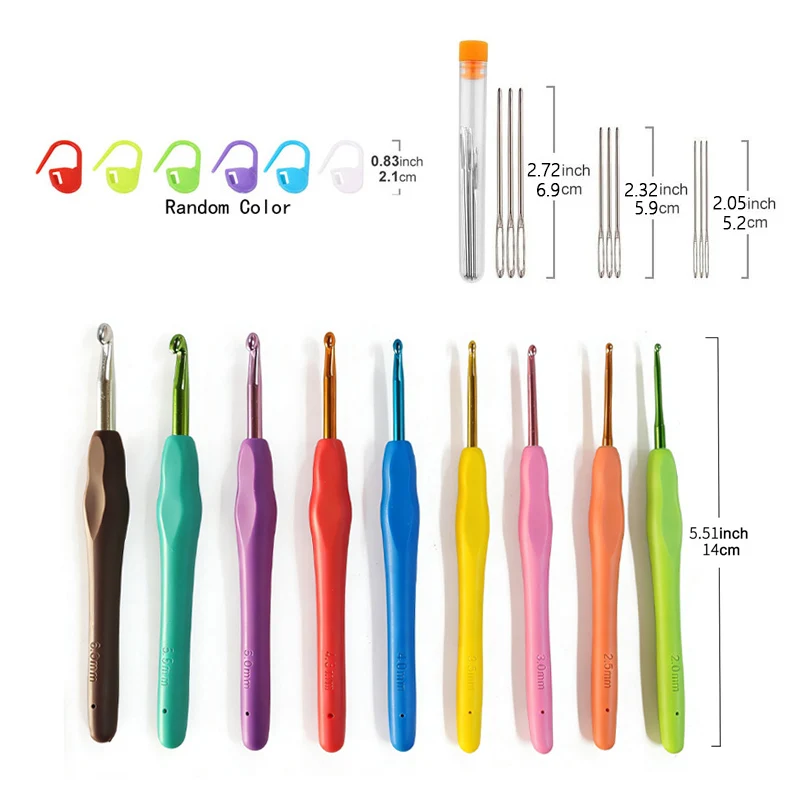 9가지 사이즈의 코바늘 세트(2.0-6.0mm) - 뜨개질, 스티치 마커, 초보자용 코바늘, DIY 프로젝트 및 공예 애호가를 위한 세트