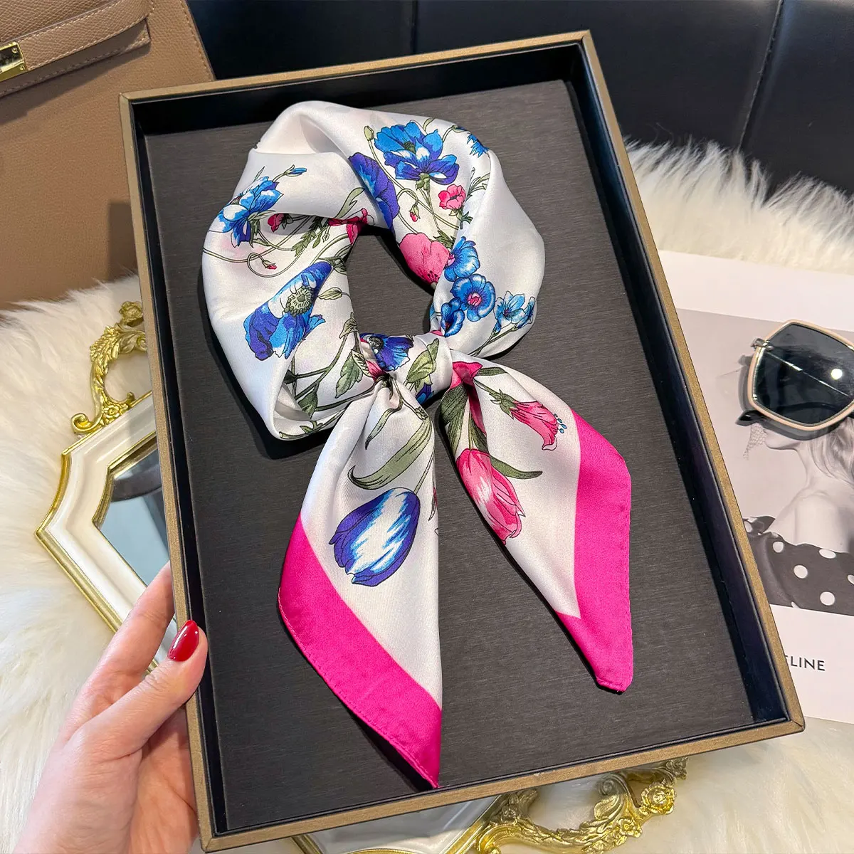 Spring and Autumn NEW Floral Square Scarf Women Satin Shawl Wrap Hijab Female Hair Luxury Headkerchief Sun Protection Bandana