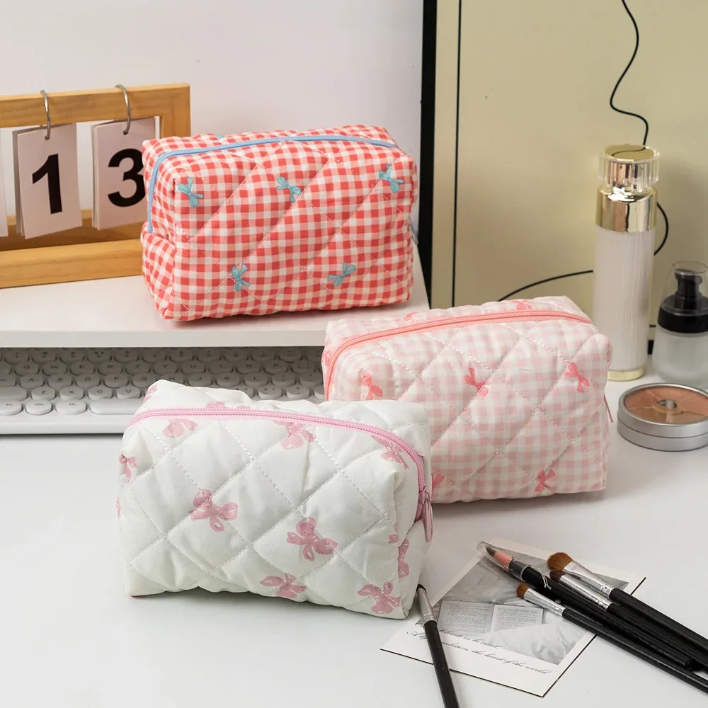 Fashion Bow Floral Makeup Bag Large Capacity Portable Cosmetic Storage Bag Cotton Makeup Wash Bag Cosmetic Organizer Pouch