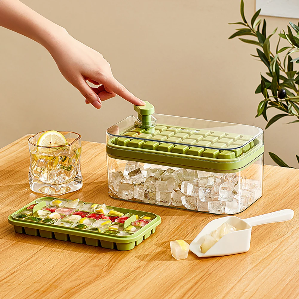 One-button Press Type Ice Mold Box Kitchen 32/64 Grid Ice Cube Maker Ice  Tray Mold With Storage Box With Lid Bar Kitchen Gadget