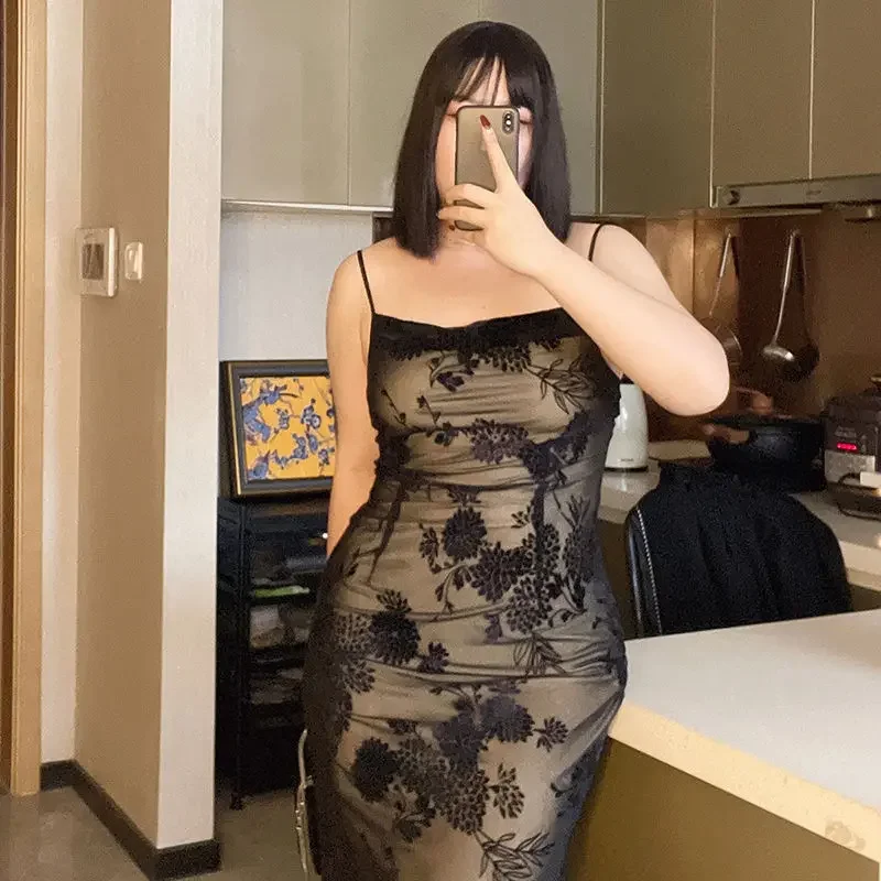 

Black Women Dress Sexy Lace Flocking Mesh Patchwork Slim Camisole Elegant Female Bodycon Evening Party Dresses Large Size 4XL