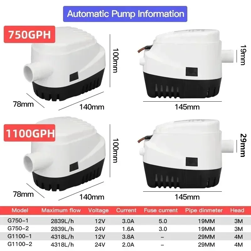 12V 24V 110V 220V 750GPH 1100GPH Automatic Boat Bilge Pump Auto Float Switch DC Submersible Electric Water Pump