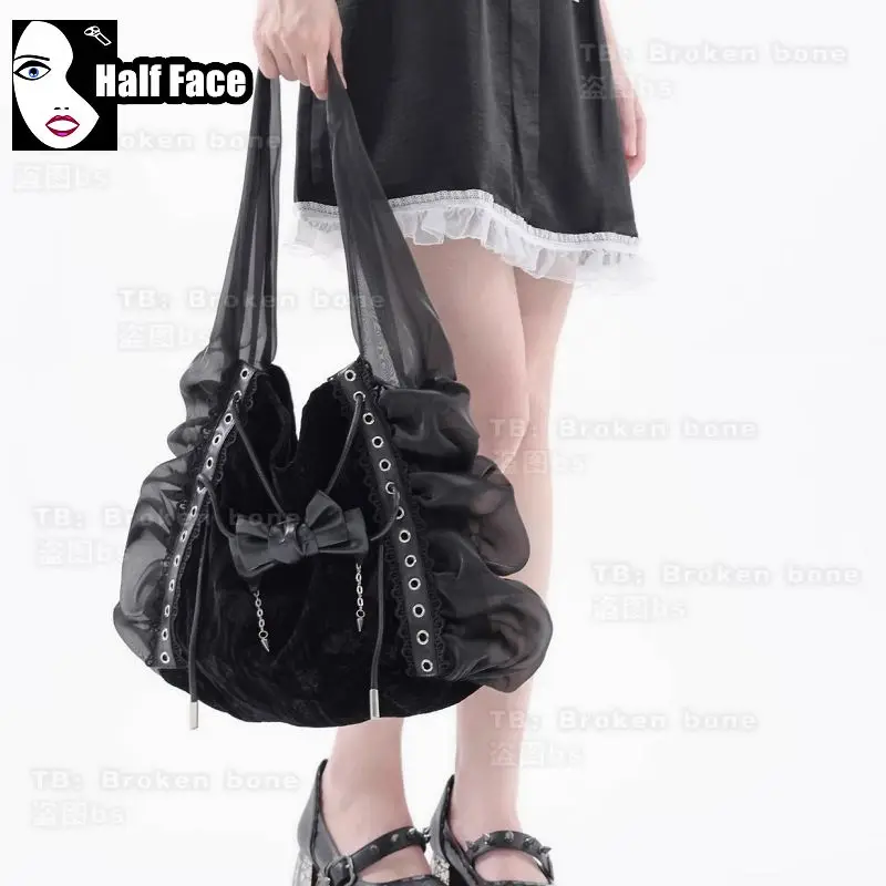 Sacs fourre-tout gothiques Harajuku pour femmes, velours brillant plissé, cuir patchwork, sacs nuage, Lolita, One Initiated, Halloween, filles épicées, punk, Y2K - AliExpress