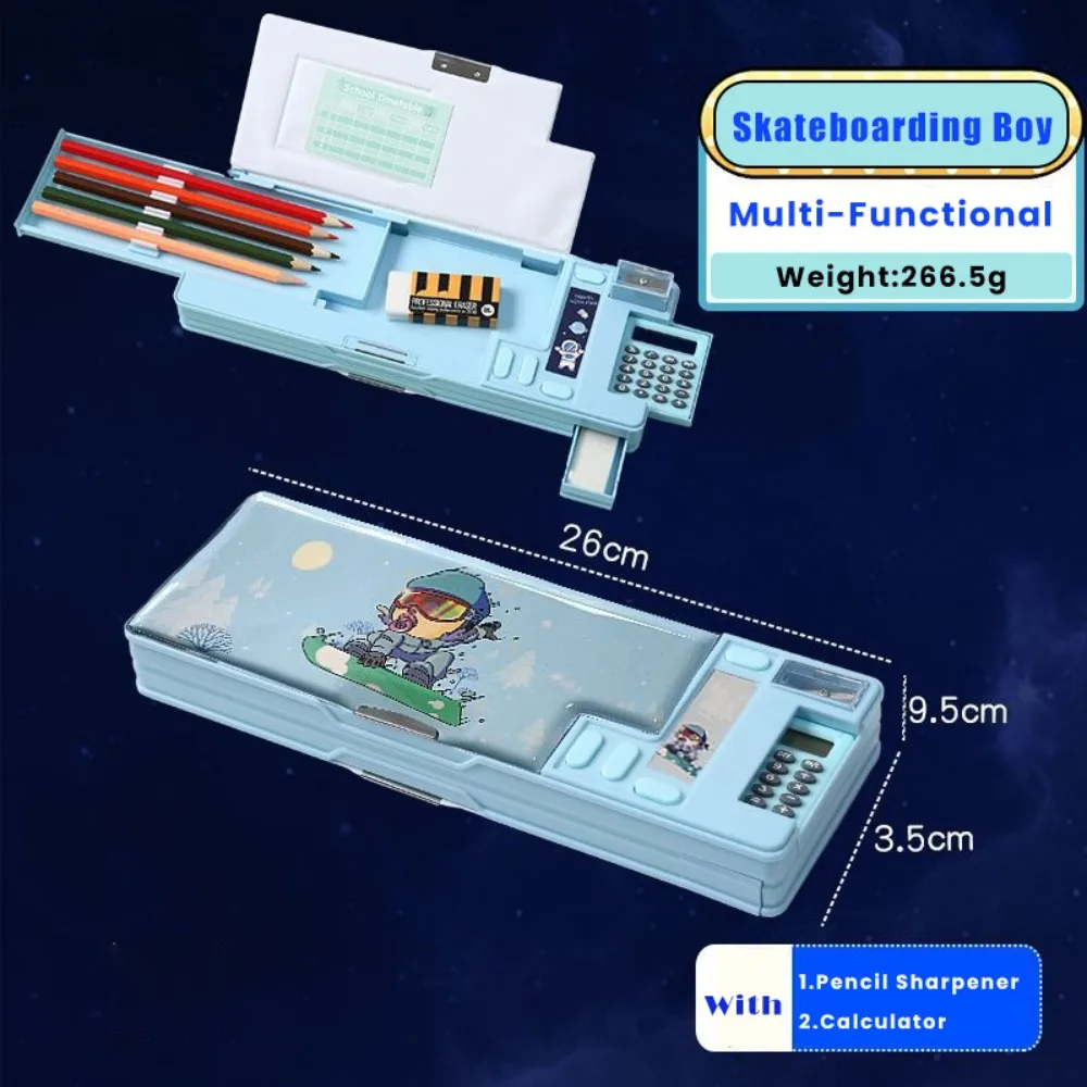 Dual-Sided Fun Mechanism Plastic Pencil Case with Built-In Calculator and Sharpener