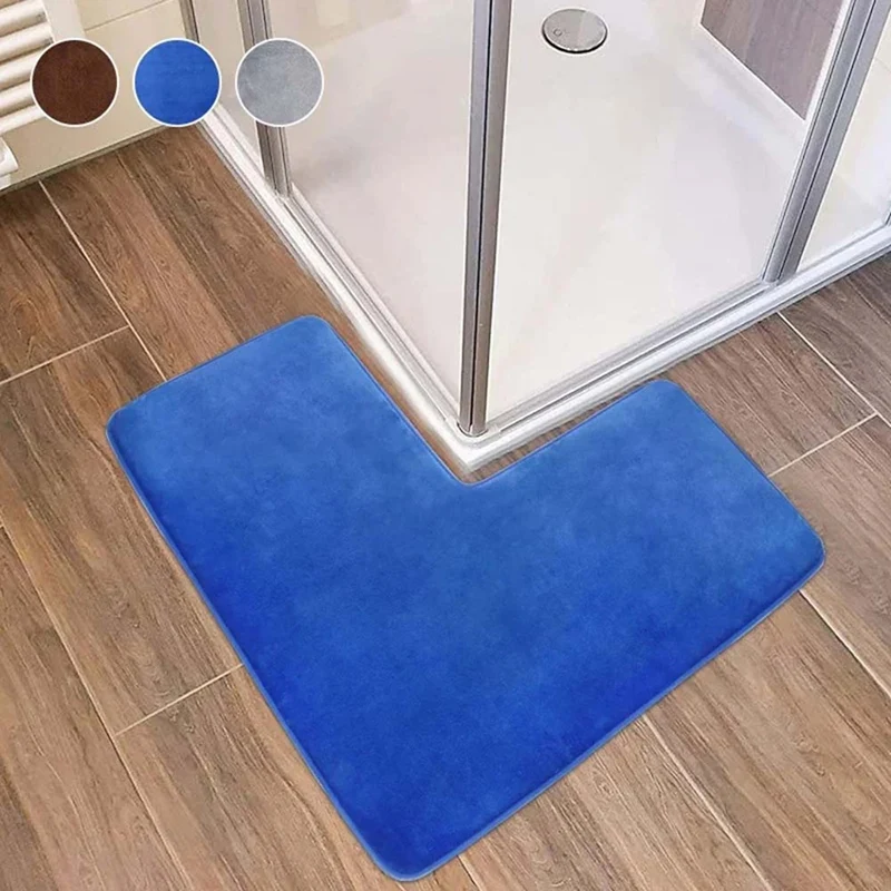 L-Shaped Bath Mat Non-Slip Soft Bathroom Floor Rug Washable Carpet Square Showers Corner Shower Spaces