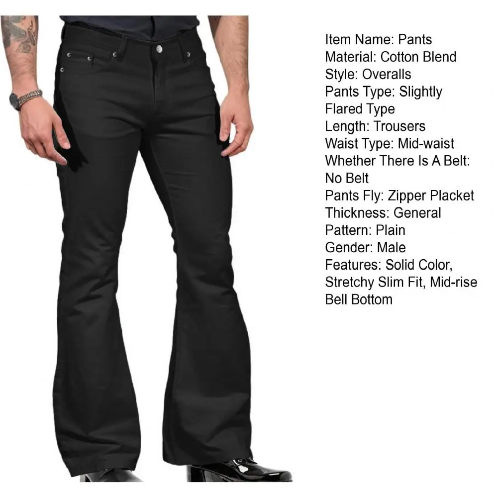 Stylish Men Flared Trousers Men's Vintage Flared Bell Bottom Jeans Solid Color Stretchy Slim Fit Mid-rise Trousers Harajuku
