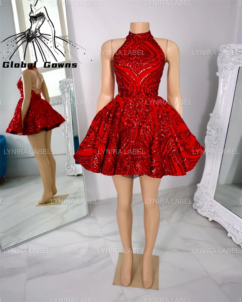 

Red High Neck Short Prom Dresses Black Girls Sparkly Sequined Birthday Cocktail Party Ball Gown Robe De Bal