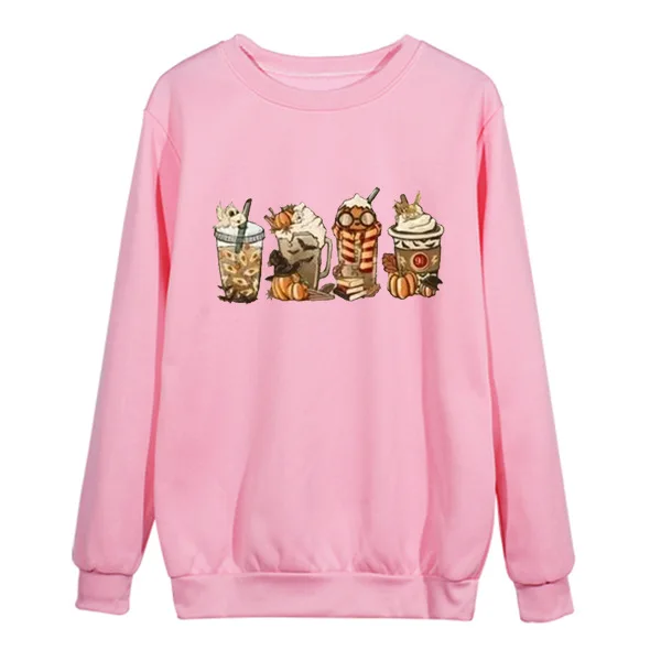 Women's Round Neck Fleece Sweatshirt With Christmas Pattern Coffee Print Sweater Crew Neck Pullover