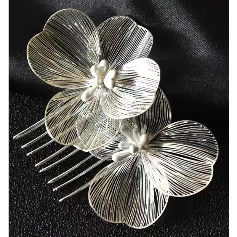 Hollow Out Alloy Silk Flower Hair Hairpin Bridal Headpiece Fashionable And Elegant Flower Hair Accessory Girls Jewelry Headpiece
