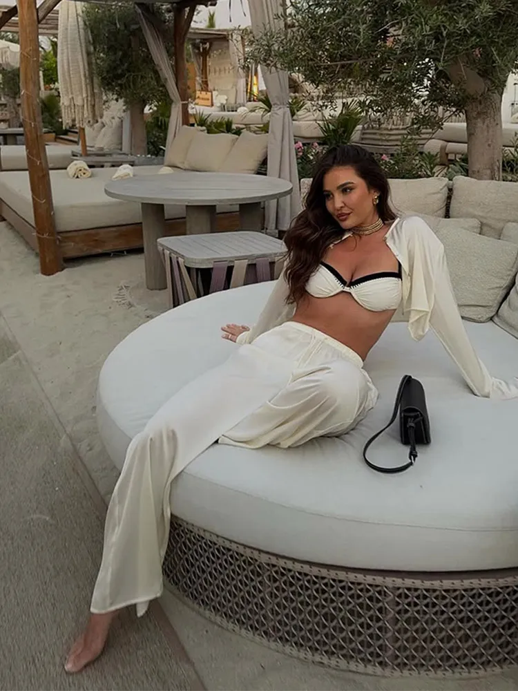 Casual Solid Women's Single Breasted O-neck Tops Sets Chic Satin Lace Up Elastic Waist Wide Leg Pants Suit Lady Vacation Outfits 4